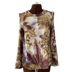 Privee Floral Satin Blouse with Ruffle Trim & Shoulder Opening